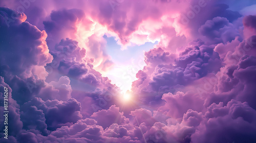 Pink heart shaped clouds at sunset. Beautiful love background with copy space. Clouds in the shape of a heart. Heart shaped clouds. Gate to love. Cloud of love. Valentines background. Fluffy heart