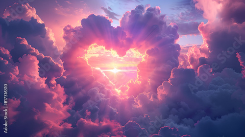 Pink heart shaped clouds at sunset. Beautiful love background with copy space. Clouds in the shape of a heart. Heart shaped clouds. Gate to love. Cloud of love. Valentines background. Fluffy heart