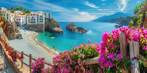 Seaside town in Spain with flowers, fences and ocean in the background