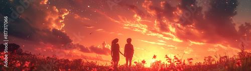 Capture a low-angle perspective of a virtual reality love story, intertwining painterly strokes with digital elements, showcasing a dreamy sunset backdrop