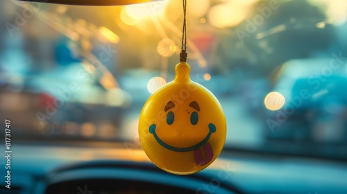 A smiley face air freshener hanging on a car’s rearview mirror.