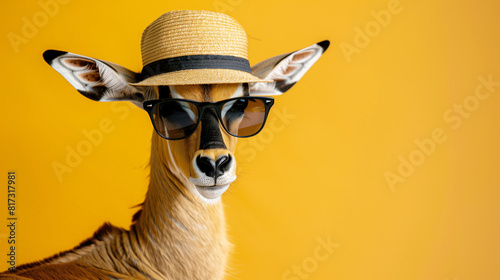 Antelope with sunglasses and hat, orange background, safari travel ads, text space