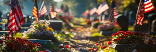 Poignant scene of American flags adorning a military cemetery with sunlight filtering through trees