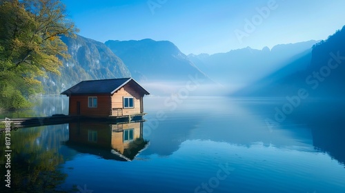 A small house sits on the shore of a lake.