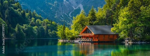 A small wooden cabin sits on the shore of a lake.