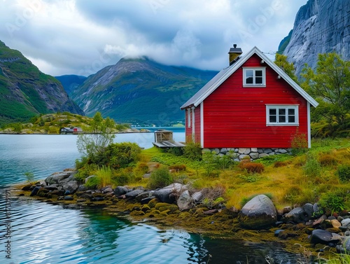 A red house sits on the shore of a lake.