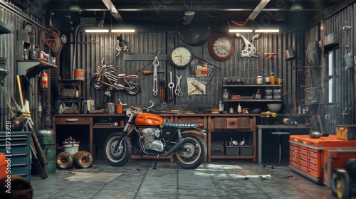 3D illustration of a fully equipped garage workshop with motorcycle.