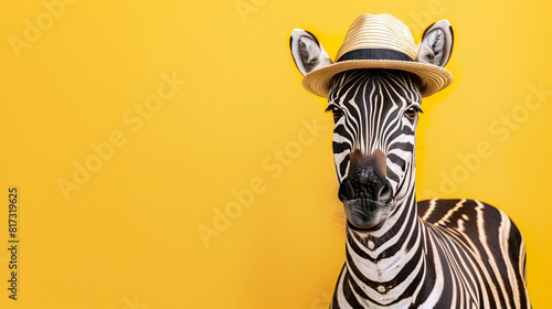 Zebra with hat, yellow background, safari concept, travel promotions, text space