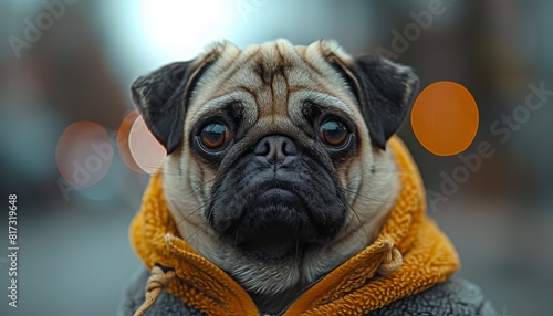 A pug dog wearing a hoodie on a street.