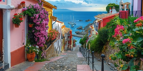 Seaside town in Spain with flowers, fences and ocean in the background