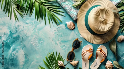 Top view of summer vacation items: straw hat, palm leaf, ocean shell, and beach towel.