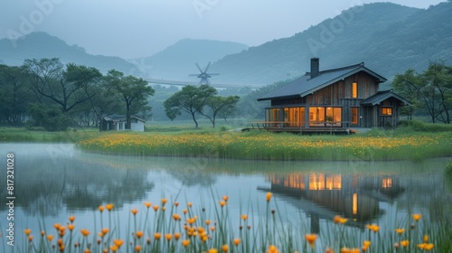 At Sorae Marsh Ecological Park in Incheon, South Korea, there are grass flowers, traditional windmills, and houses.
