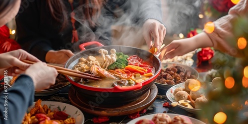 An image showing hands reaching into a bubbling hotpot with a variety of ingredients and steam rising