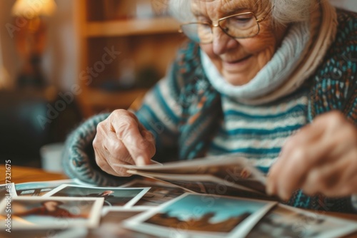 A close-up view showcases a senior woman's hands as she carefully holds and examines old photos