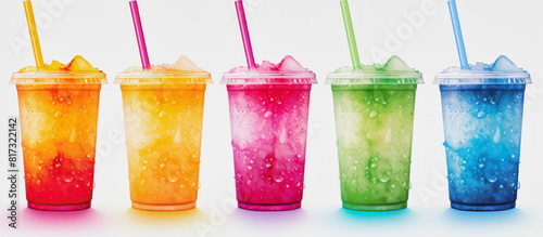 illustration of five cups with rainbow colored slush ice drinks, row on white background