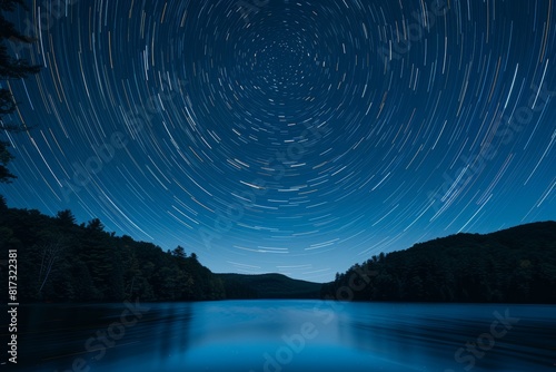 A stunning long exposure shot of star trails over a forested lake reflects the calm of nature at night