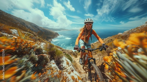 Woman riding her mountain bike on a coastal trail