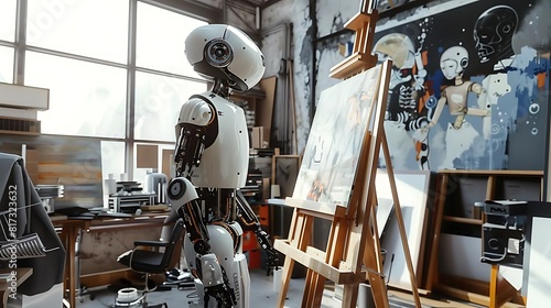 The image shows a robot standing in an art studio, holding a paintbrush and looking at a canvas on an easel