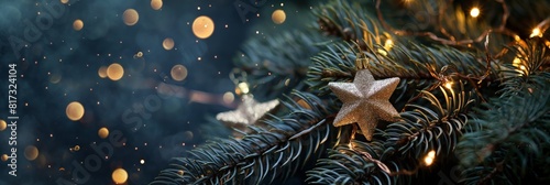 Elegant golden Christmas star ornament hanging on a pine tree with twinkling bokeh lights in background