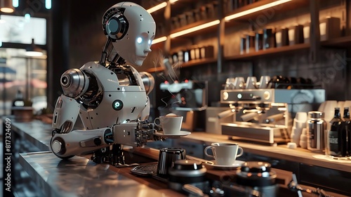 The robot barista makes coffee at the coffee shop.