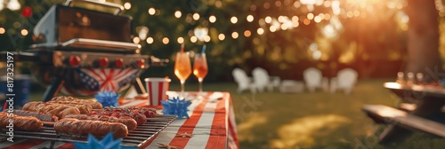 A festive barbecue setup with American flags indicating a celebration, likely a patriotic holiday like Fourth of July