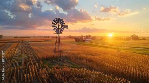 Tranquil rural landscape at sunset with windmill