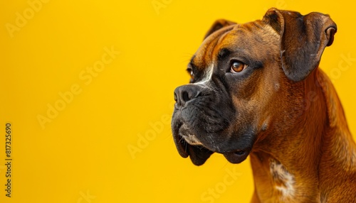 A brown and white boxer dog looking at the camera.