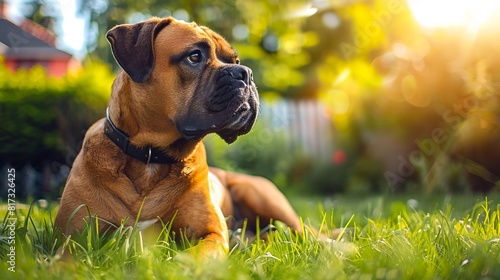A boxer dog is sitting in the grass.