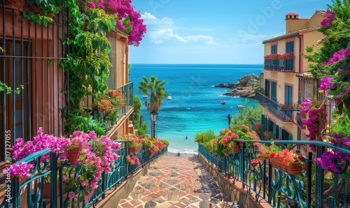 Seaside town in Spain with flowers, fences and ocean in the background