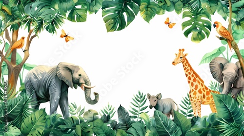 jungle frame animals, illustration African safari animals in tropical leaves, Cartoon