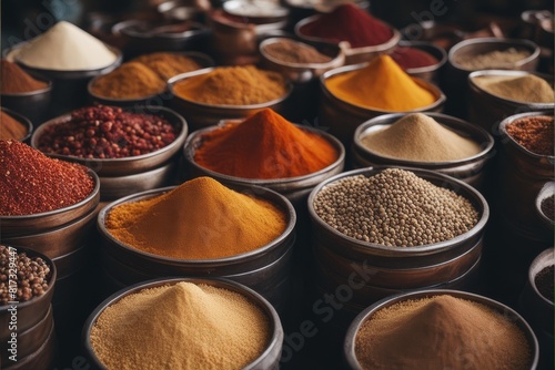 'selection spices moroccan market africa morocco kingdom maghreb north arabic oriental muslim medina ancient marrakech traditional spice stall sale commercial colours colourful heap red yellow blue'