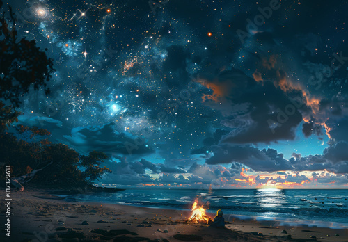 Friends having a beach bonfire party under the stars