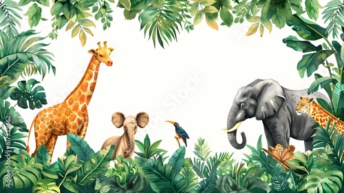 jungle frame animals, illustration African safari animals in tropical leaves, Cartoon
