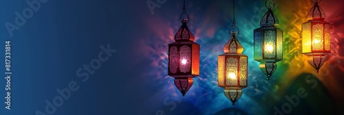 Colorful hanging lanterns glowing against a dark blue background with a play of light and shadows