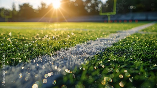Close-up of a football field with hash marks, synthetic turf with dew drops