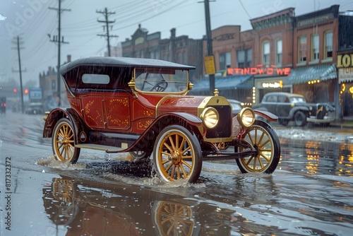 A retro car stands on the road outside in the city in rainy weather in the 1920s , 1930s and 1940.