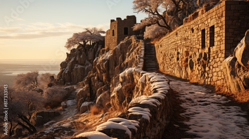 Historic City Walls of Troy in Winter Sunrise, Turkey