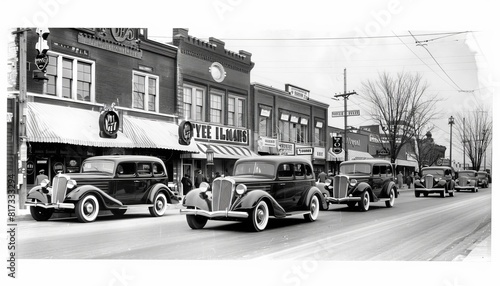 Classic vintage cars driving through city streets in the 1920s, 1930s, and 1940s