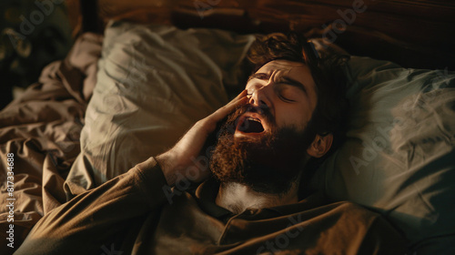 A man with a beard wakes up in his cozy bed. He stretches and yawns, covering his mouth with his hand.