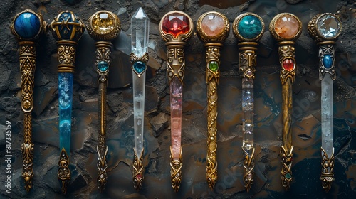 Intricately patterned staves adorned with crystals, perfect for a fantasy setting.