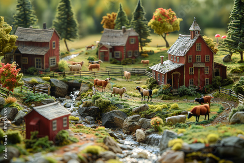 A farm diorama capturing the rustic charm of rural life, complete with barns, fields, and grazing livestock. Concept of agriculture. Generative Ai.