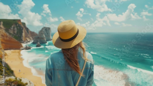 Serene image of a woman gazing at a beautiful beachscape