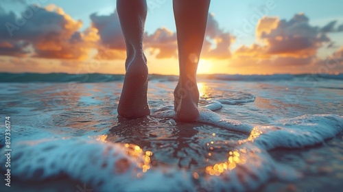 A barefoot walk on the beach at sunset represents freedom and tranquility