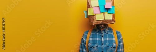 A person is overwhelmed with colorful sticky notes on their body with a yellow background