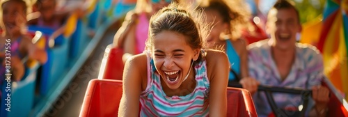 Excited young girl laughing on a roller coaster at an amusement park, surrounded by other euphoric riders