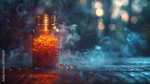 A blurred dark background with smoke and capsules in a jar represents a drug concept.