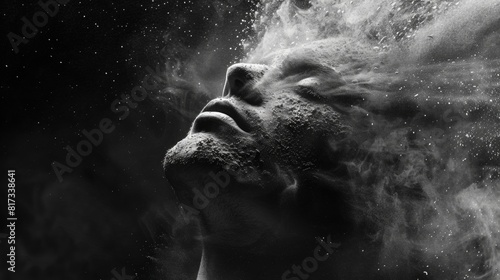 Monochrome artistic portrait with a striking dust overlay effect