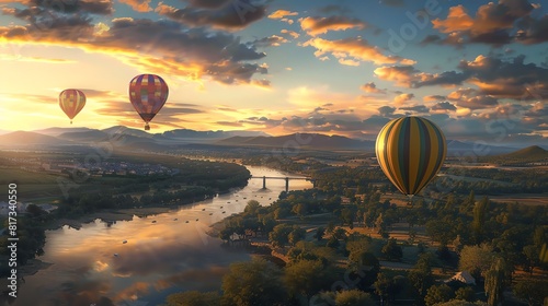 A hot air balloon flies over the river current