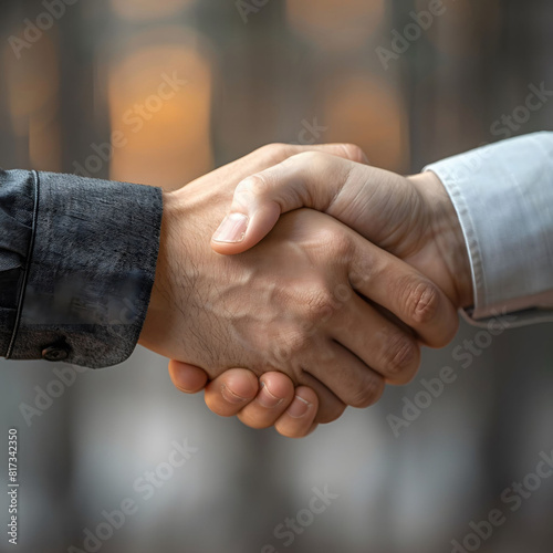 Capture the excitement of sealing a deal from a unique side view perspective Show two hands firmly shaking against a sleek background, symbolizing trust and partnership