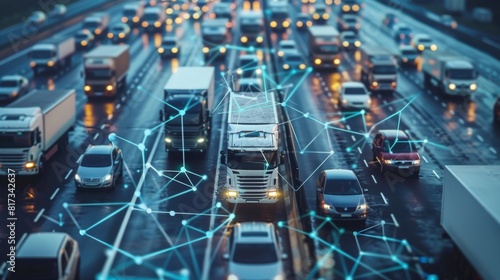 Digital network overlay on traffic showcasing efficient fleet management system